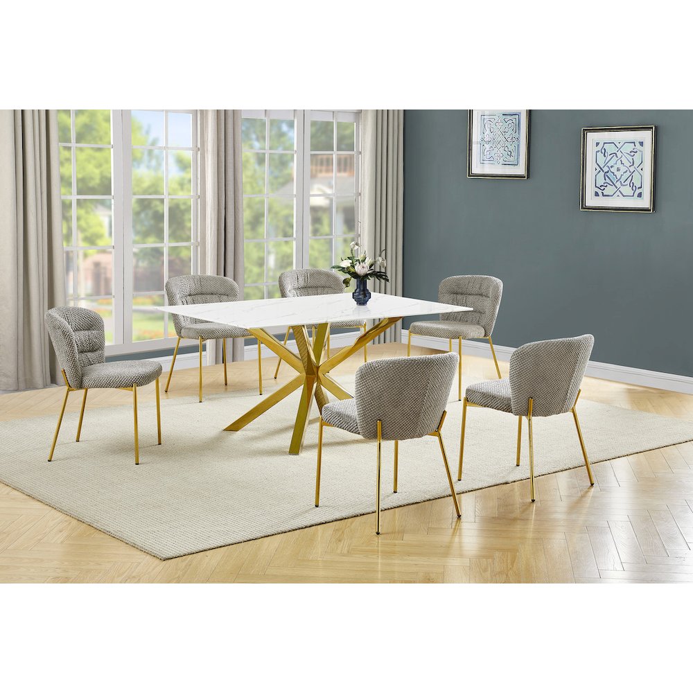Rectangle White Marble Wrap Glass Dining Table With 6 Grey Side Chairs
