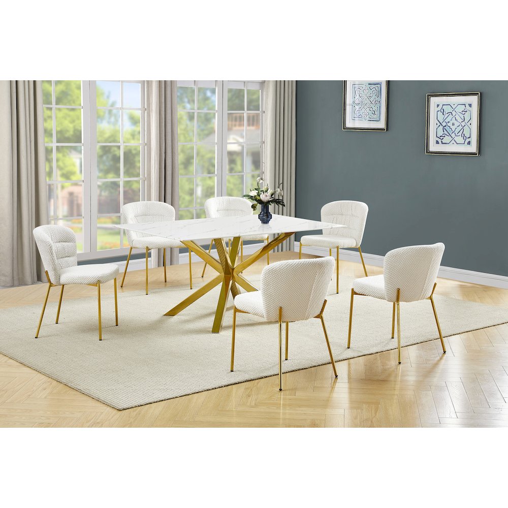 Rectangle White Marble Wrap Glass Dining Table With 6 Cream Side Chairs