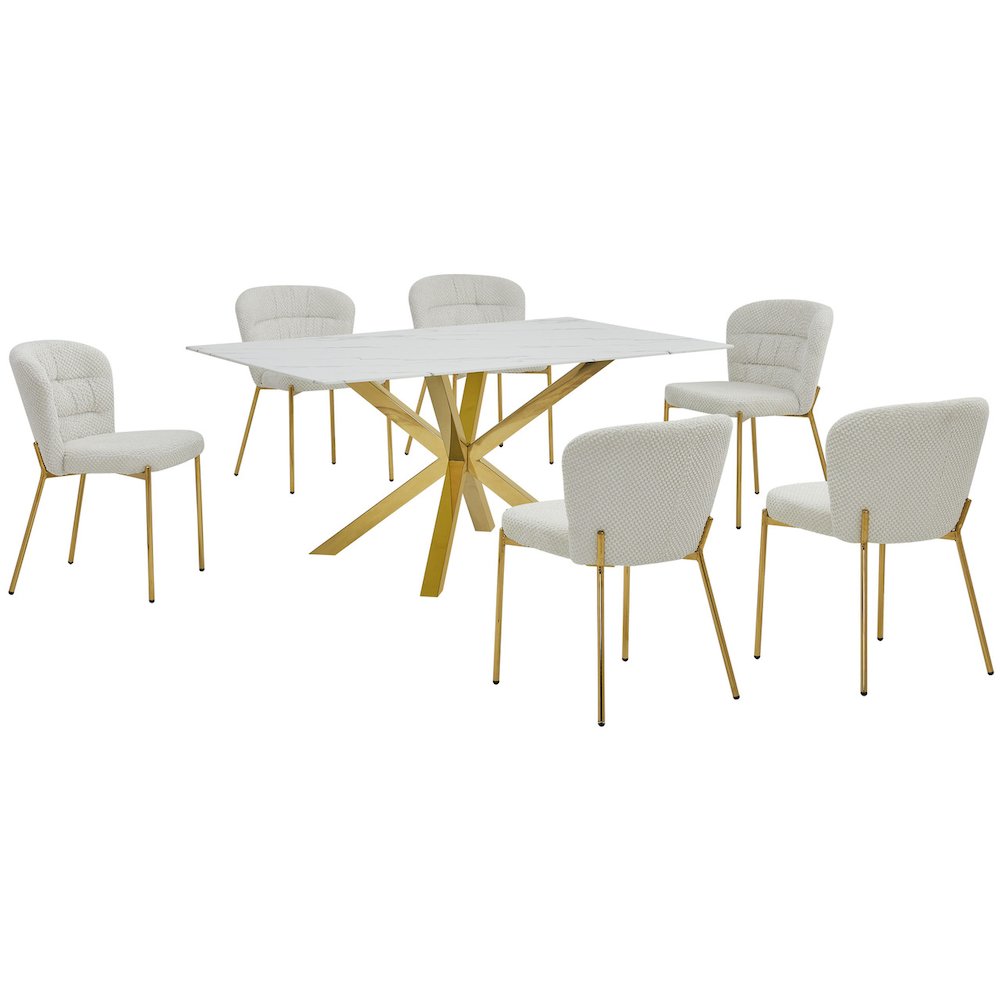 Rectangle White Marble Wrap Glass Dining Table With 6 Cream Side Chairs