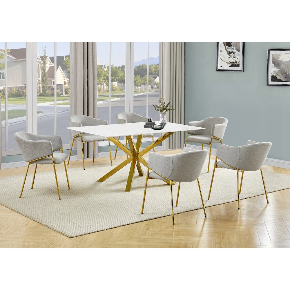 7Pc Rectangle Marble Wrap Tempered Glass Dining Table 6 Linen Gray Side Chairs