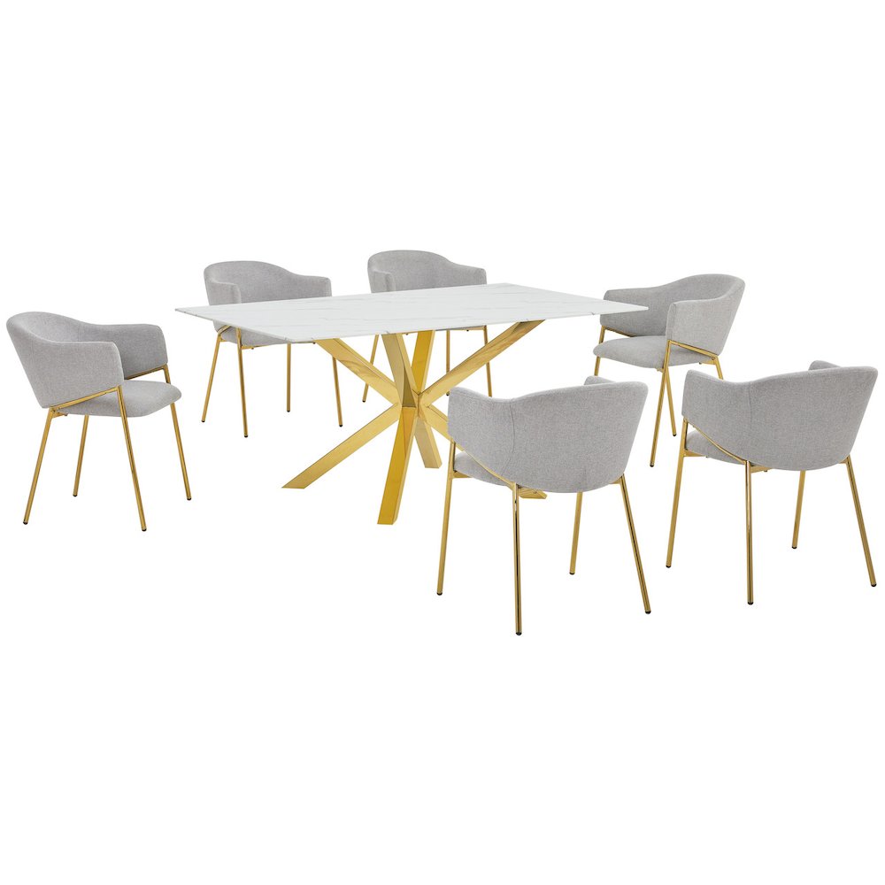 7Pc Rectangle Marble Wrap Tempered Glass Dining Table 6 Linen Gray Side Chairs