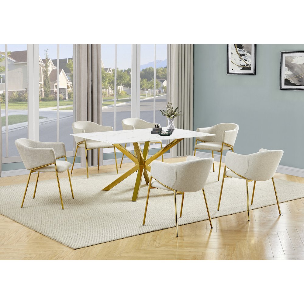 7Pc Rectangle Marble Wrap Tempered Glass Dining Table 6 Linen Beige Side Chairs