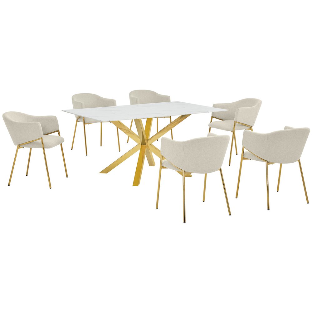 7Pc Rectangle Marble Wrap Tempered Glass Dining Table 6 Linen Beige Side Chairs