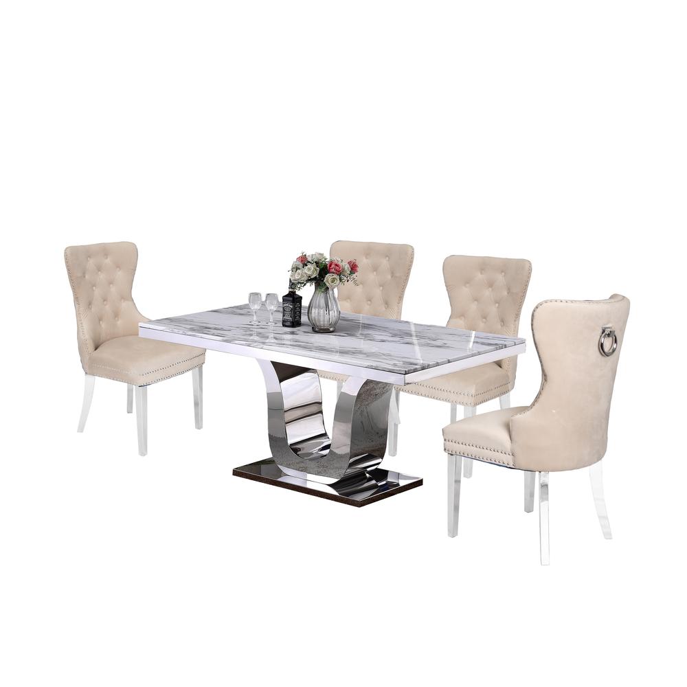 White Marble 5pc Set Tufted Wingback Chairs in Cream Velvet