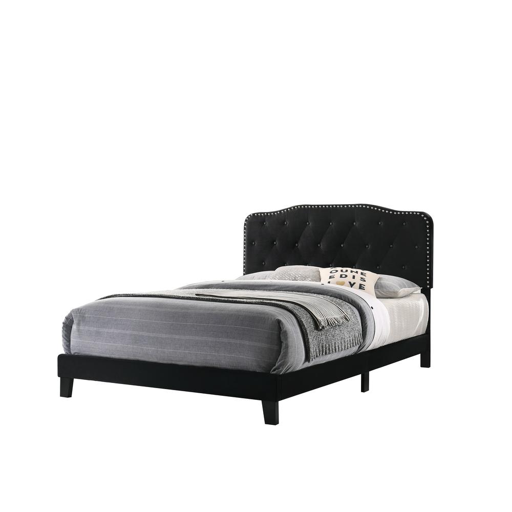 Black Velvet Uph. Panel Bed with Silver Nailhead – Full