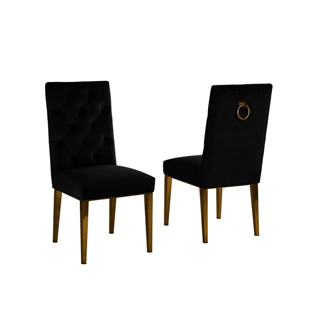 Gold Tempered Glass 7 Piece Dining Set Ring Chairs in Black Velvet