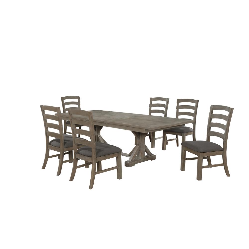 7 Piece Dining Set Extendable w/18″Center Leaf Extension & 6 Ladder-Back Chairs in Dark Grey Linen