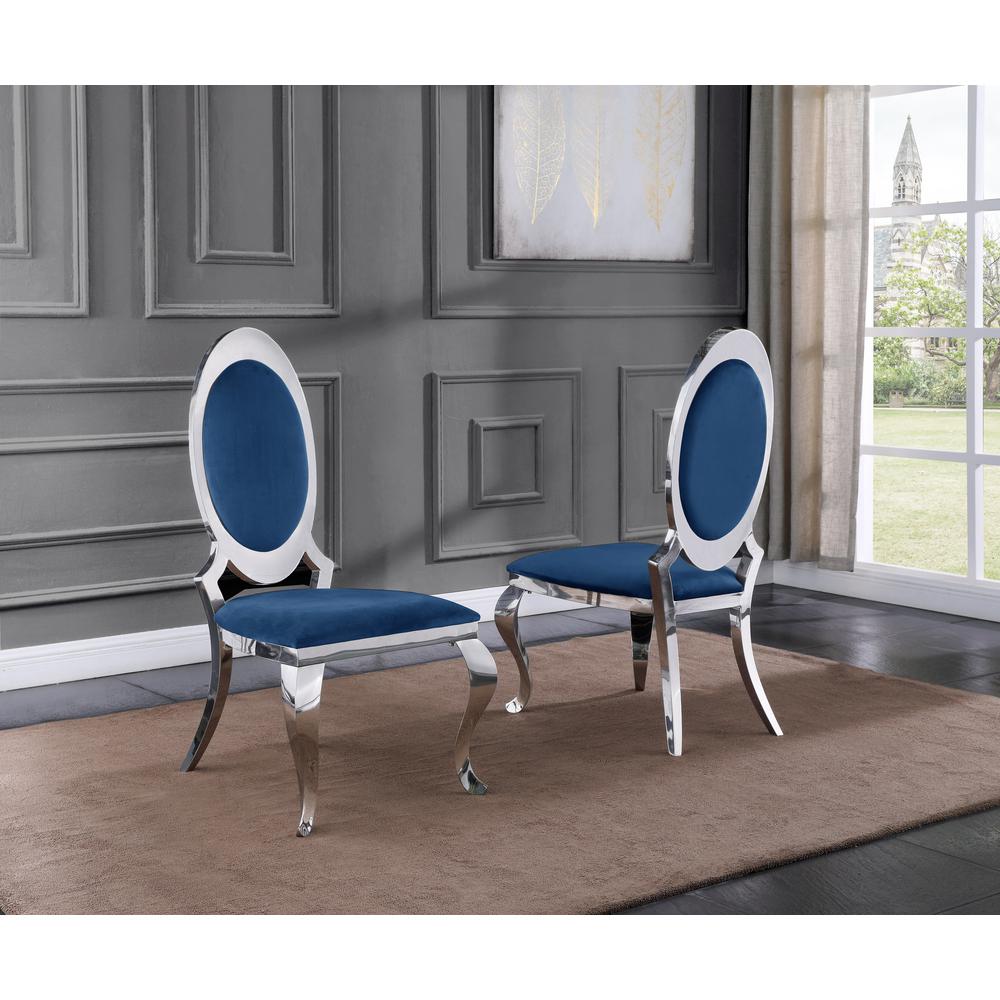 White Marble 5pc Set Stainless Steel Chairs in Navy Blue Velvet