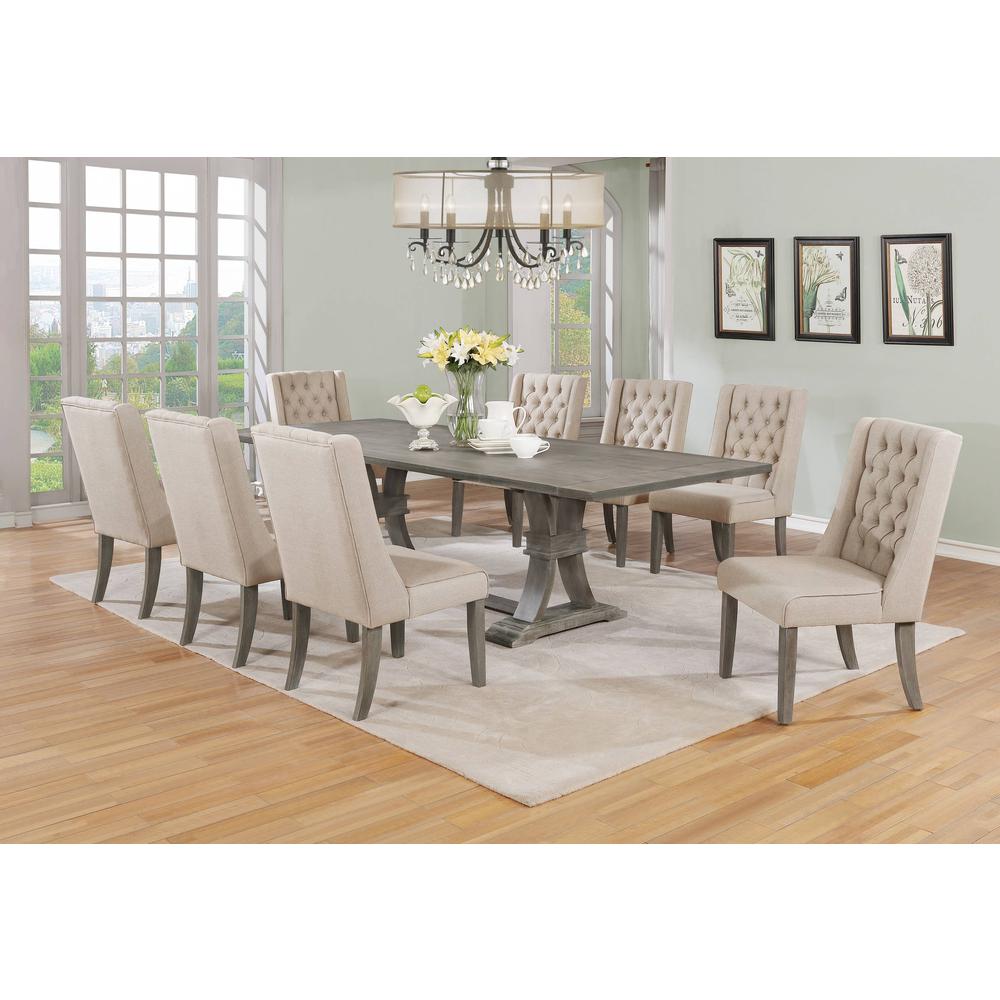 Classic 9pc Dining Set with Extendable Dining Table with Two 16″ Leafs and Upholstered Chairs with Tufted Buttons. Beige