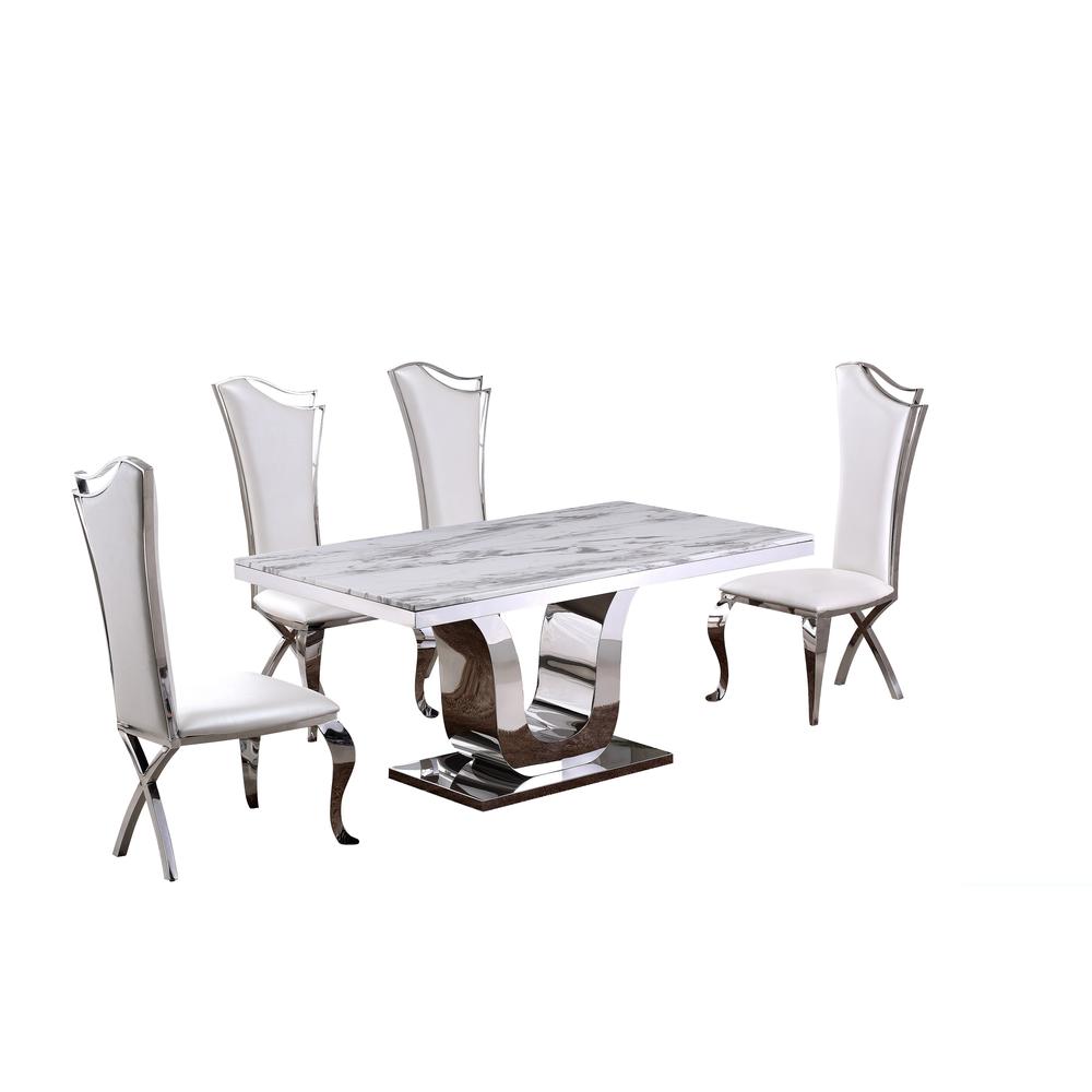 White Marble 5pc Set Non-Tufted Stainless Steel Chairs in White Faux Leather