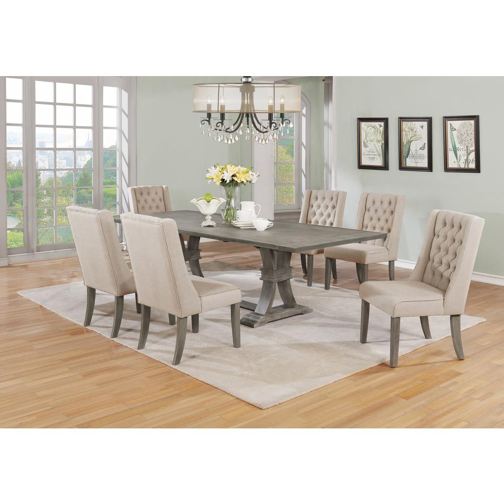 7 Piece Dining Set Extendable w/two 16″Side Leaves Extension & 6 Chairs in Beige Linen