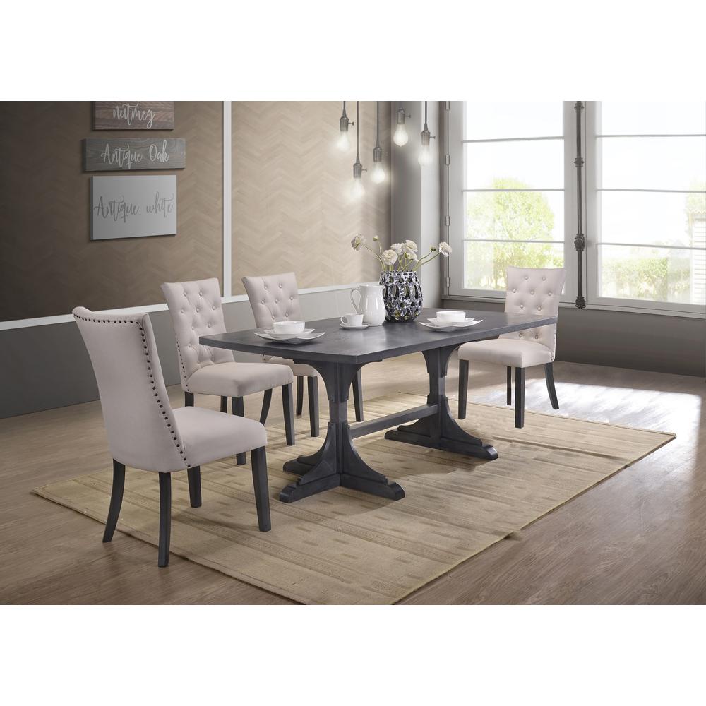 Weathered Gray Dining Table & 5 Side Chairs in Beige Linen