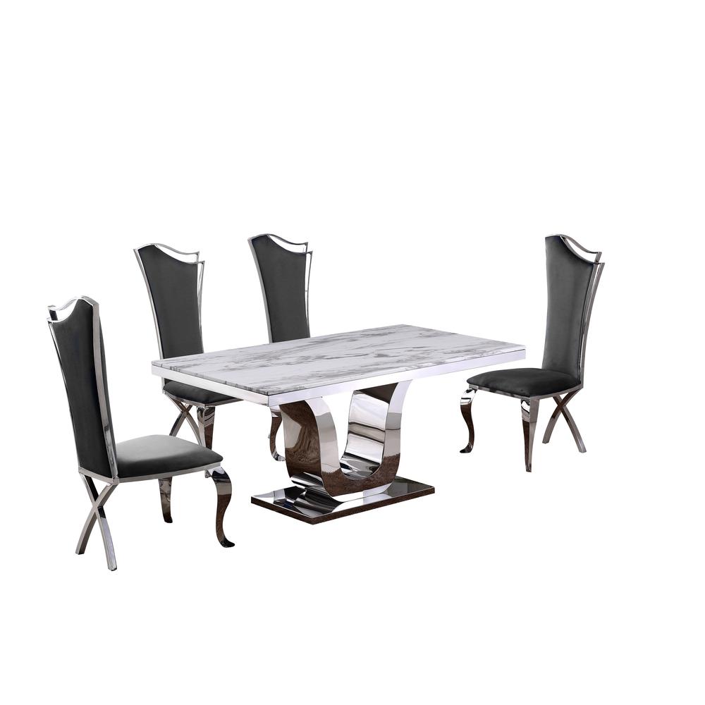 White Marble 5pc Set Non-Tufted Stainless Steel Chairs in Dark Grey Velvet