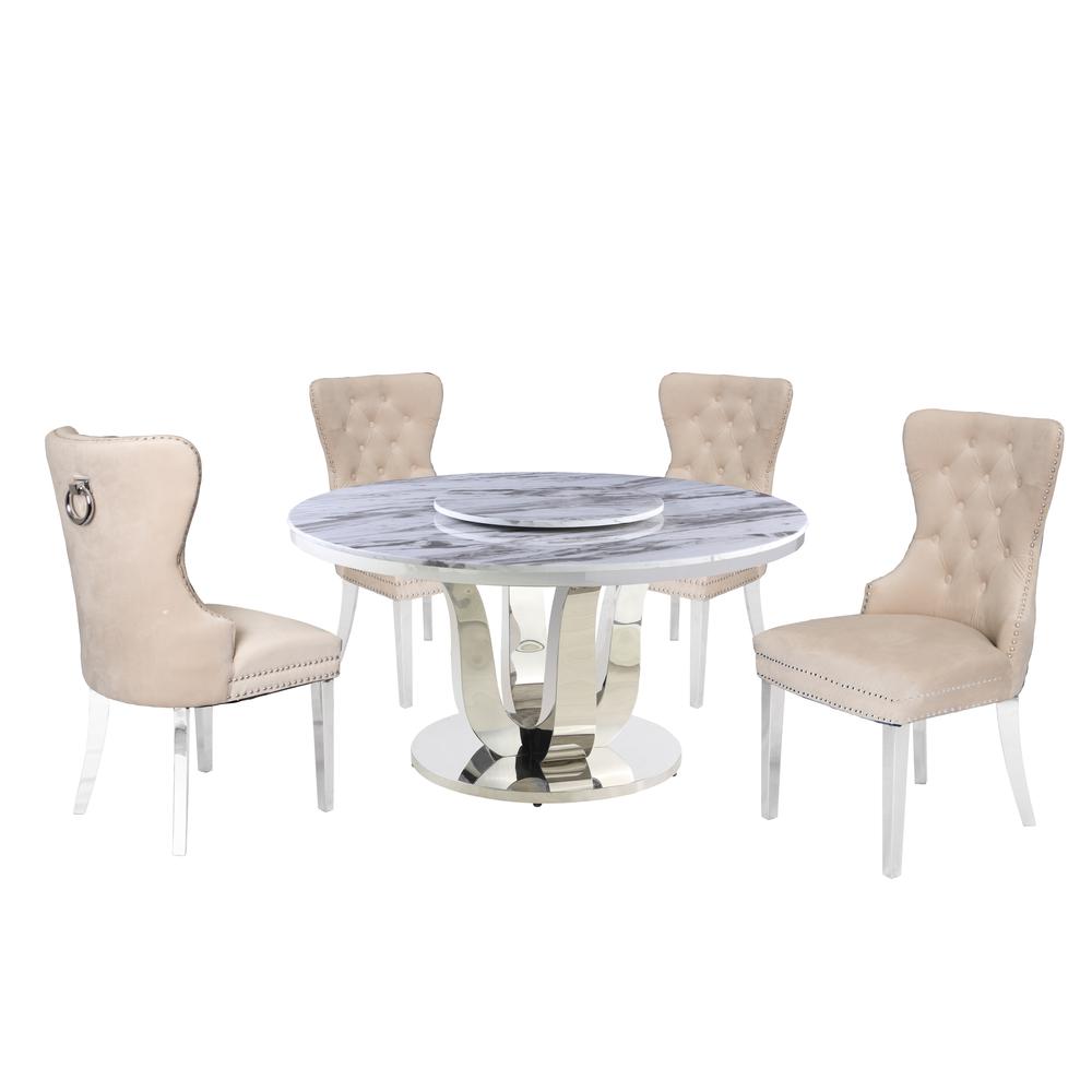 White Marble Round 5 piece Dining Set Ring Chairs in Cream Velvet – Lazy Susan