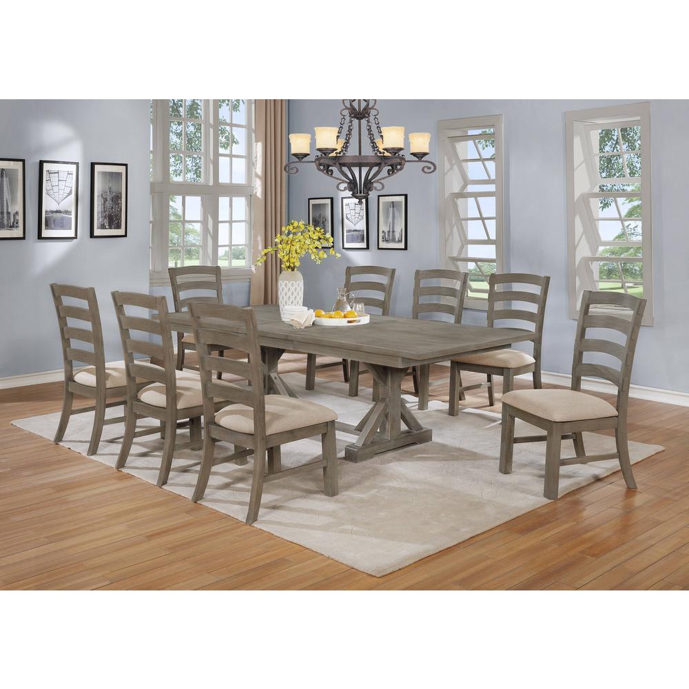 Classic 9pc Dining Set with Extendable Dining table with 18″ Leaf and Wood and Linen Side Chairs