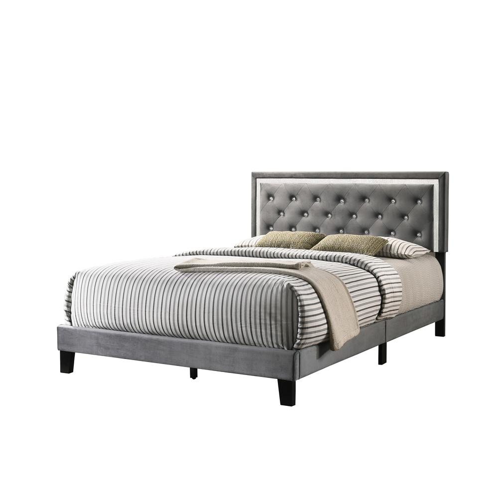 Dark Grey Velvet Uph. Panel Bed with Accents – Full