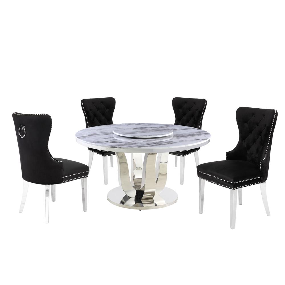 White Marble Round 5 piece Dining Set Ring Chairs in Black Velvet – Lazy Susan