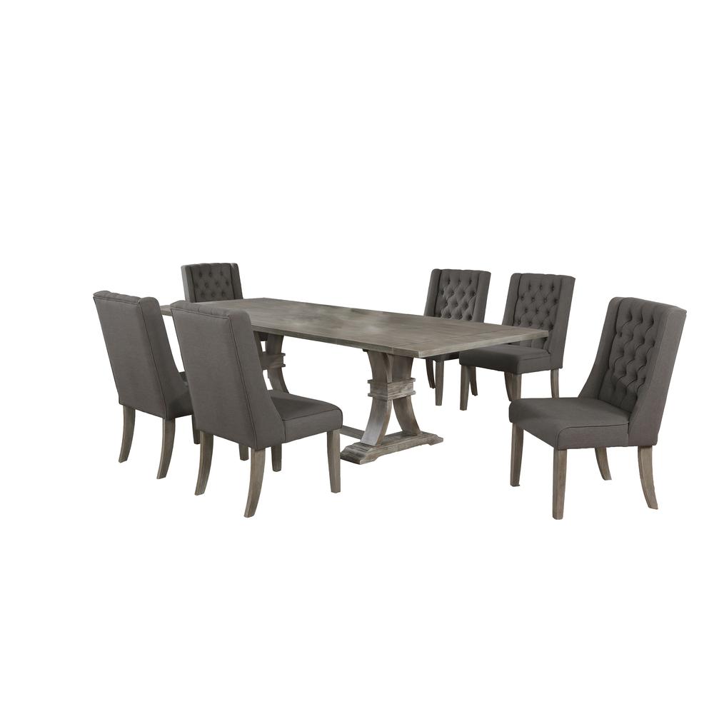 7 Piece Dining Set Extendable w/two 16″Side Leaves Extension & 6 Chairs in Dark Grey Linen