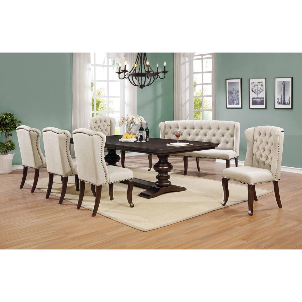 Classic 7pc Dining Set w/Uph Bench & Wingback Chairs Tufted & Naildhead Trim
