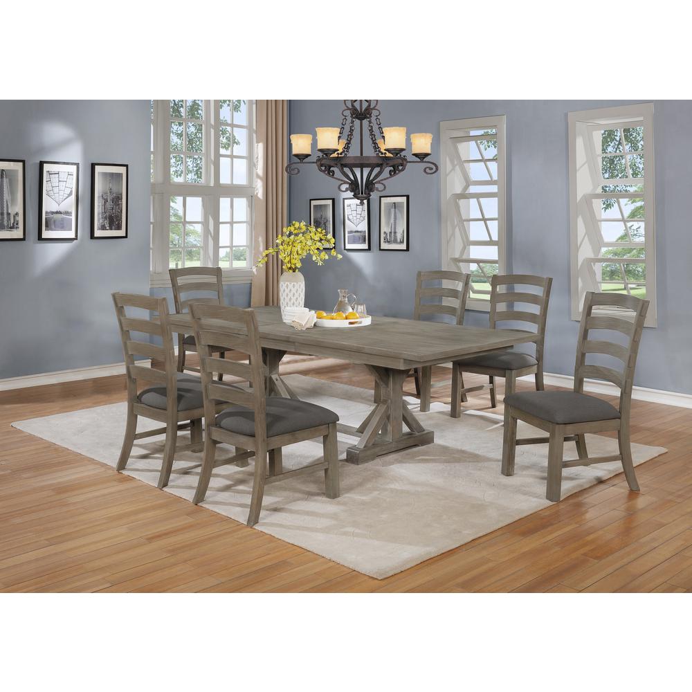 7 Piece Dining Set Extendable w/18″Center Leaf Extension & 6 Ladder-Back Chairs in Dark Grey Linen