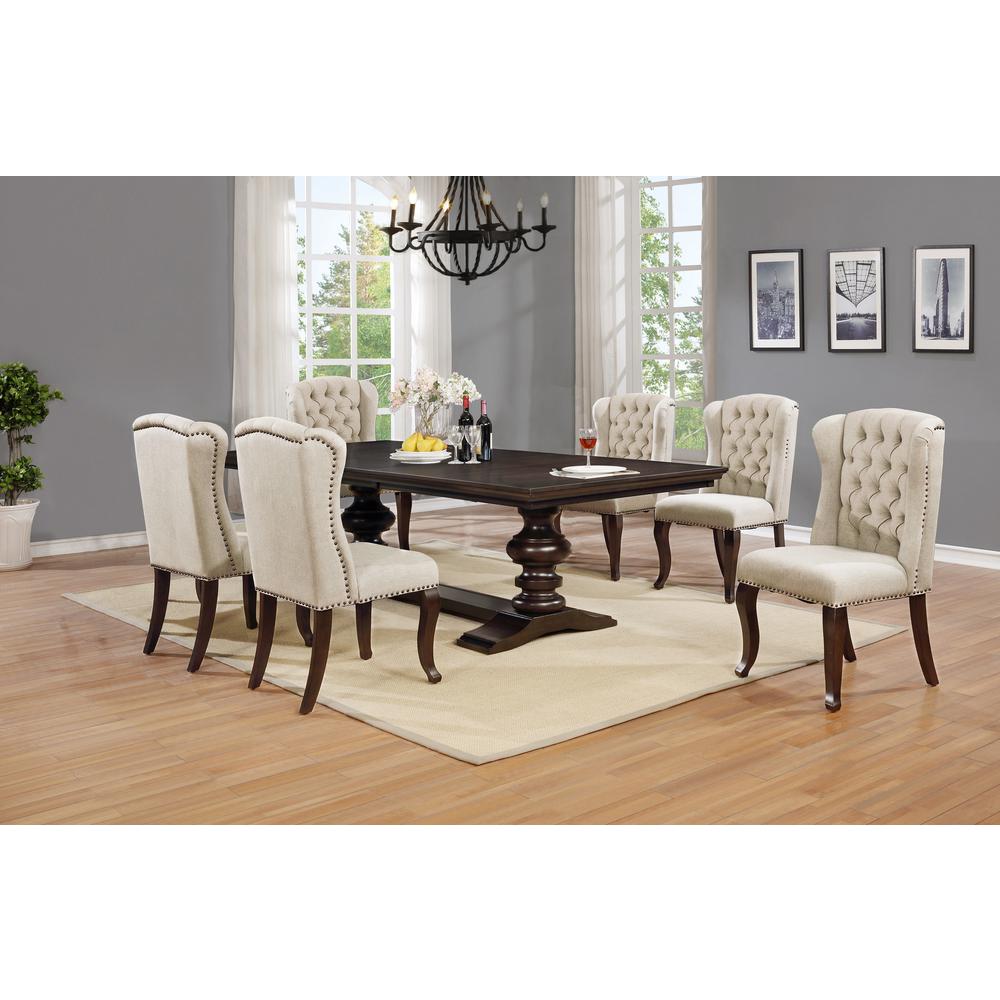 7 Piece Dining Set Extendable w/20″Center Leaf Extension & 6 Chairs in Beige Linen