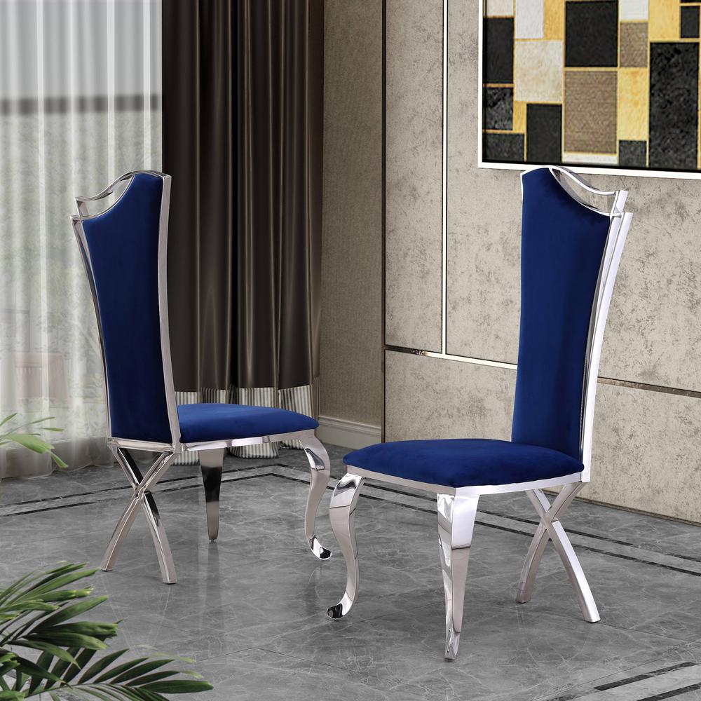 White Marble 5pc Set Non-Tufted Stainless Steel Chairs in Navy Blue Velvet