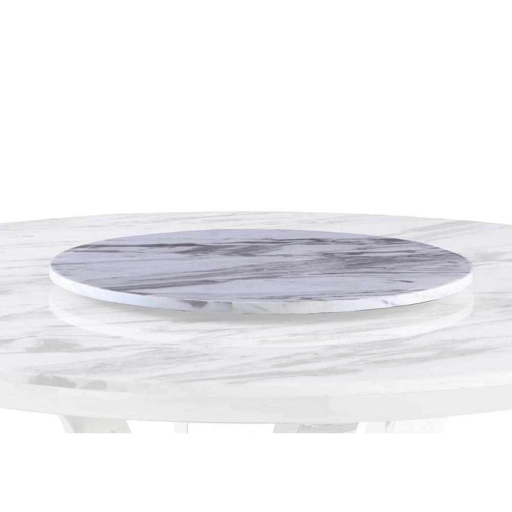 White Marble Lazy-Susan Dining Set Tufted Faux Crystal Chairs in Navy Blue Velvet