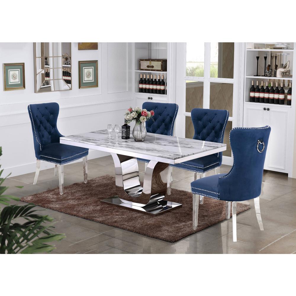 White Marble 5pc Set Tufted Wingback Chairs in Navy Blue Velvet