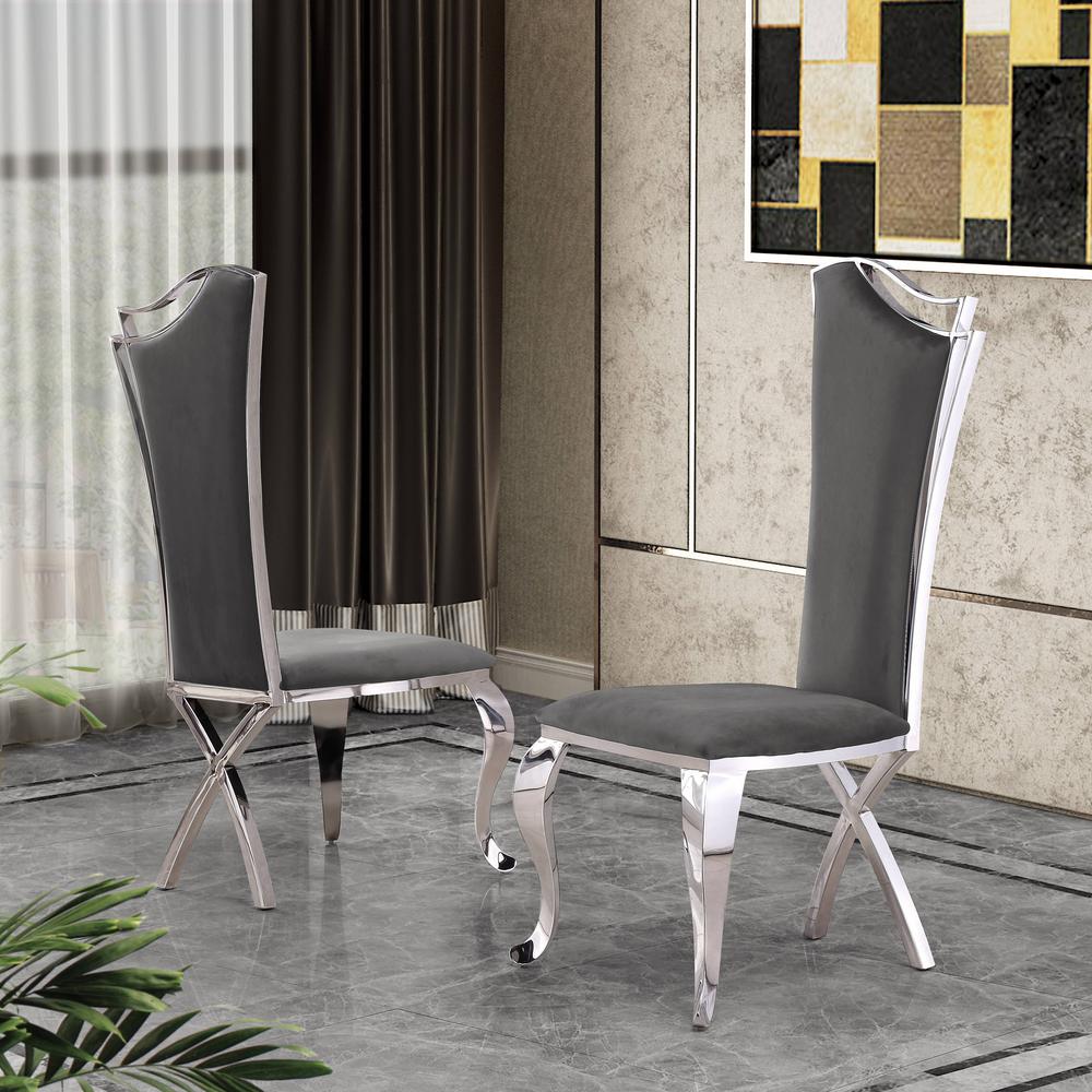White Marble 5pc Set Non-Tufted Stainless Steel Chairs in Dark Grey Velvet