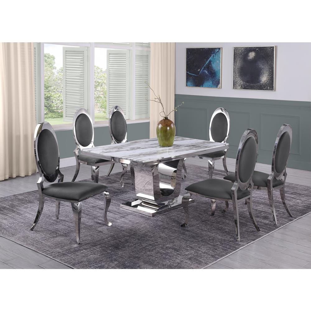 White Marble 7pc Set Stainless Steel Chairs in Dark Grey Velvet