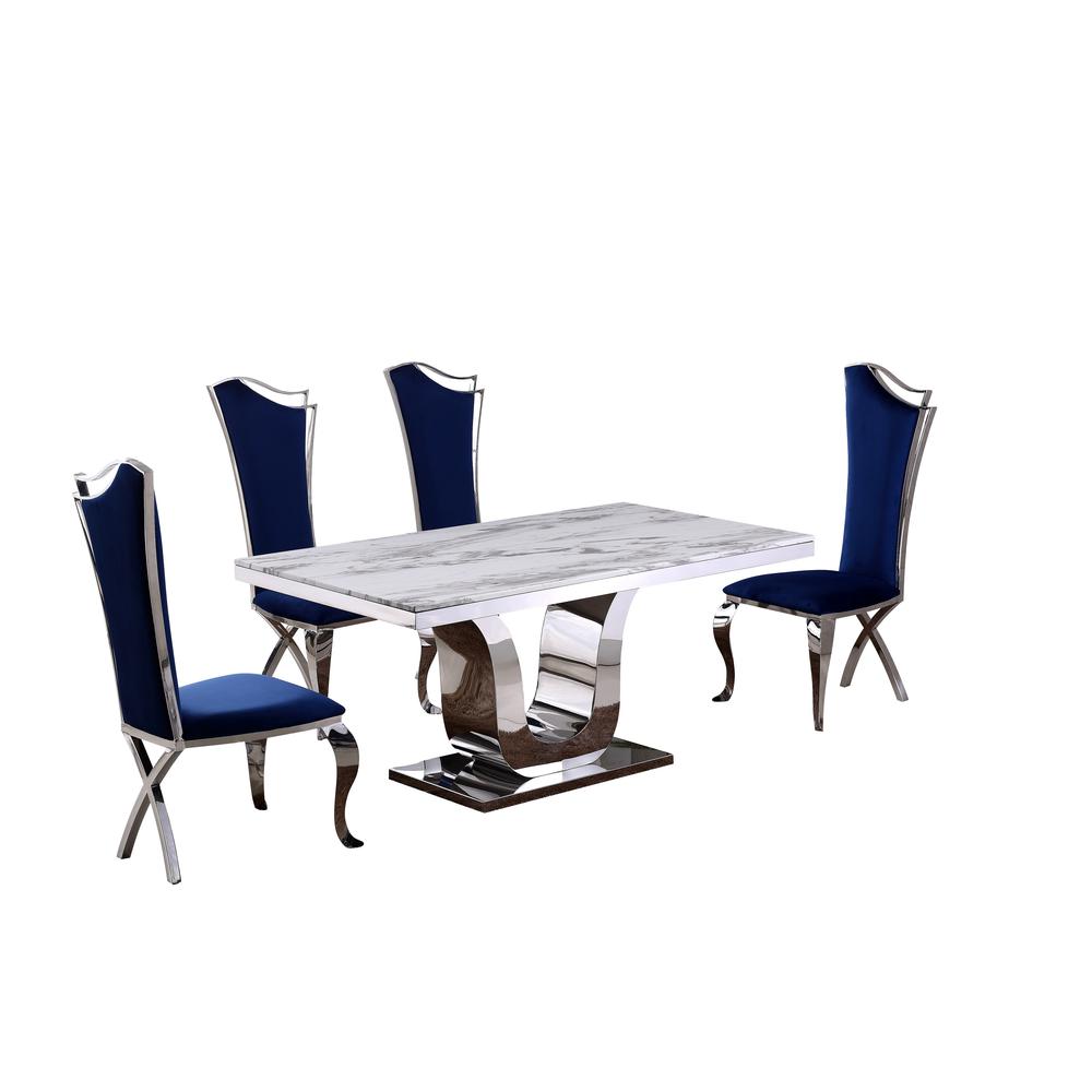 White Marble 5pc Set Non-Tufted Stainless Steel Chairs in Navy Blue Velvet