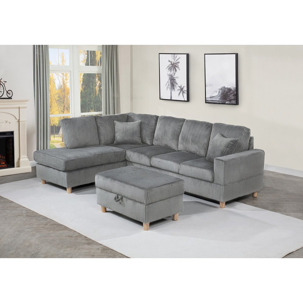 3Pc Corduroy Sectional In Dark Gray