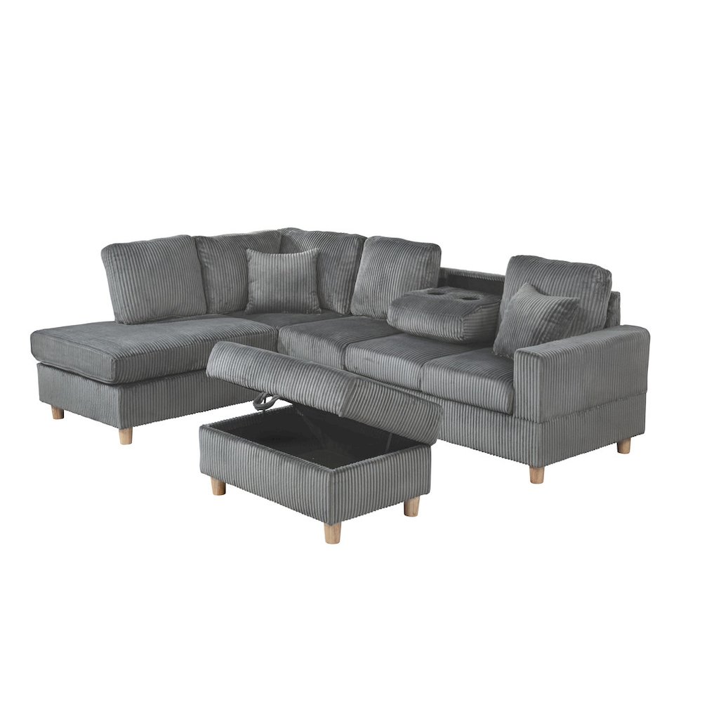 3Pc Corduroy Sectional In Dark Gray