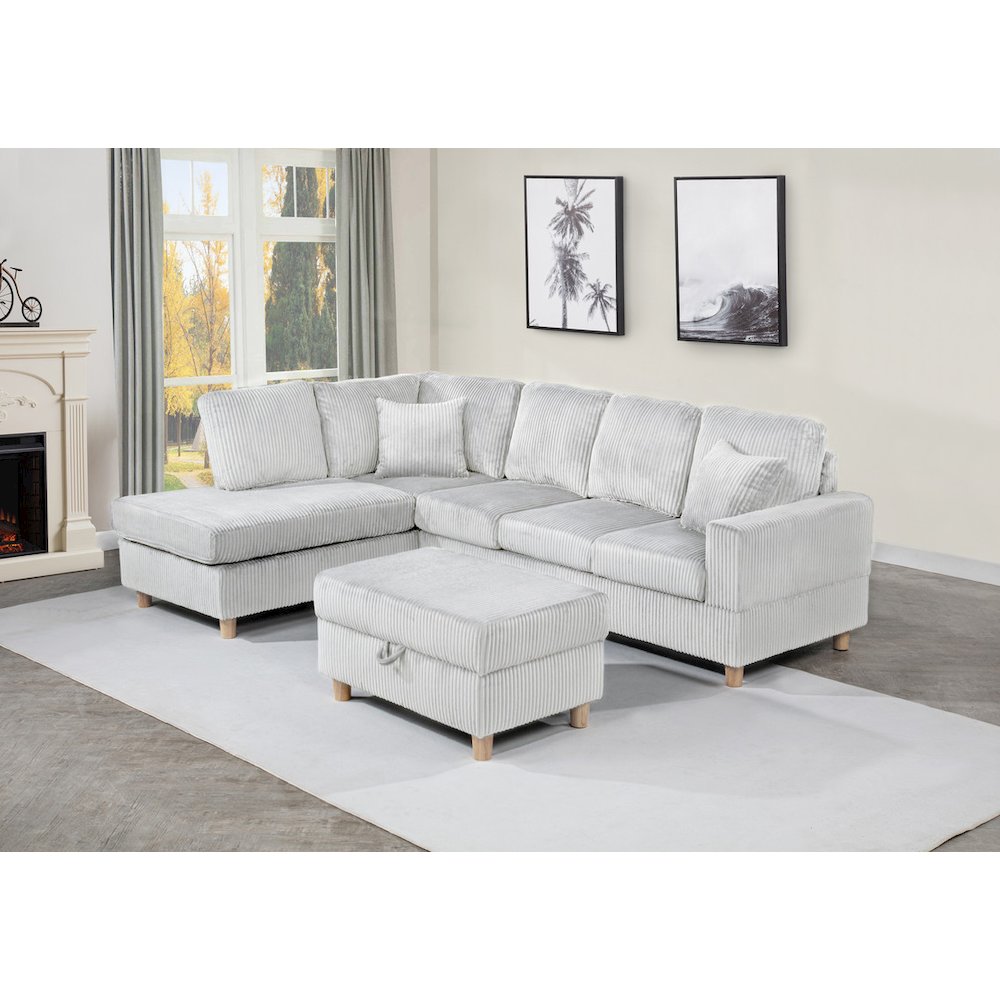 3Pc Corduroy Sectional In Light Gray