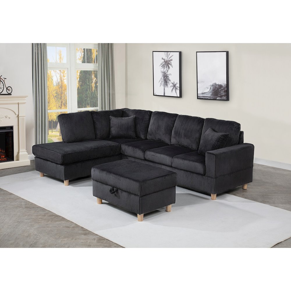 3Pc Corduroy Sectional In Black