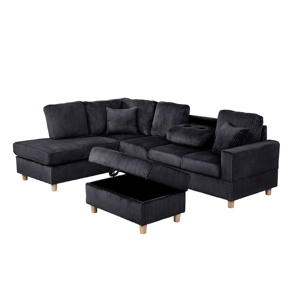 3Pc Corduroy Sectional In Black