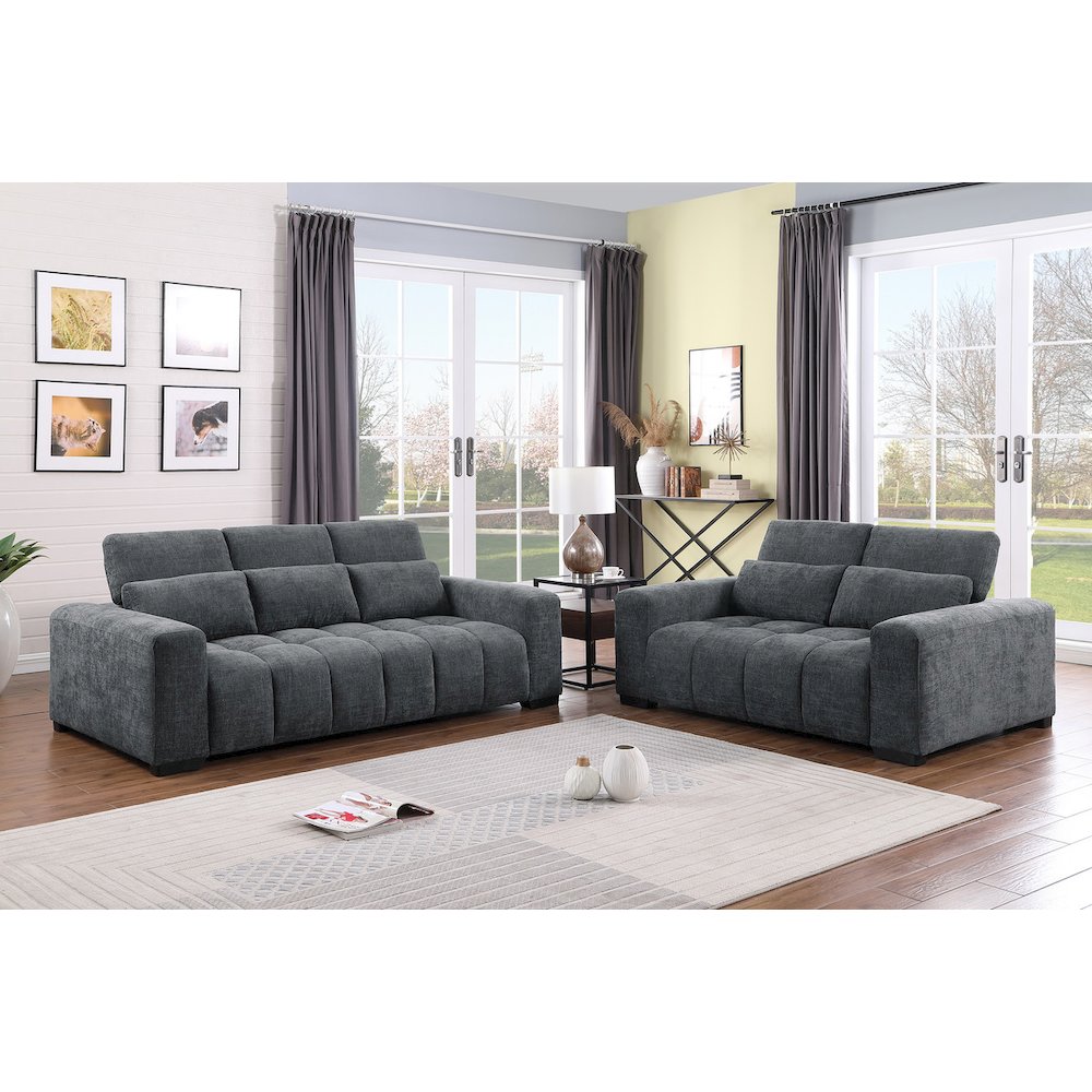 2Pc Sofa & Loveseat Set In Dark Gray With Adjustable Backrest