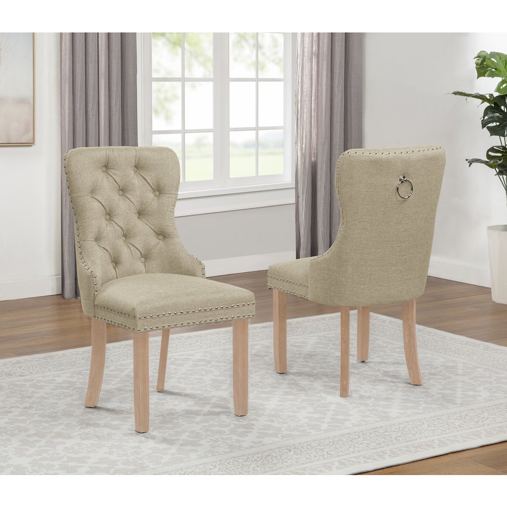 2pc Beige Button Tufted Wing Back Chairs