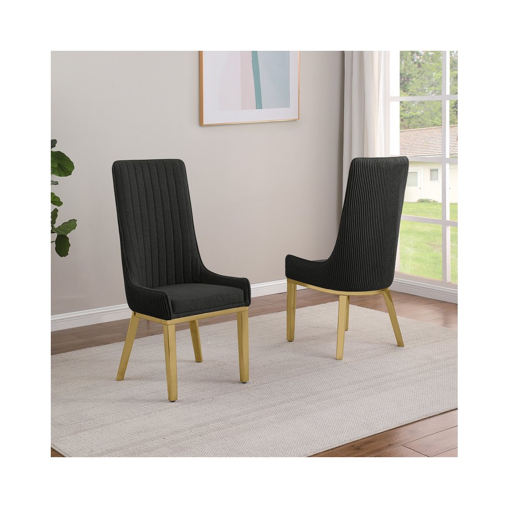 9Pc Tempered Glass Dining Set 8 Black Boucle Side Chairs And  Gold Base