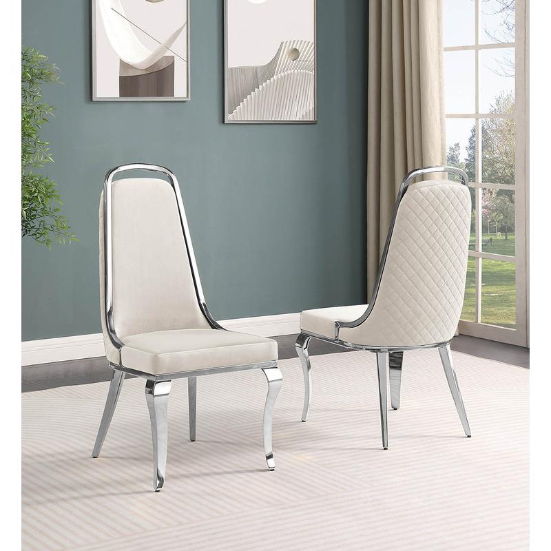 9pc Large(94″) glass top dining set with silver base and 8 Cream side chairs
