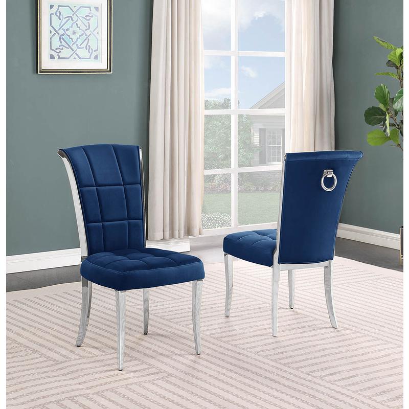 9pc Large(94″) glass dining set with silver base and 8 Navy blue side chairs