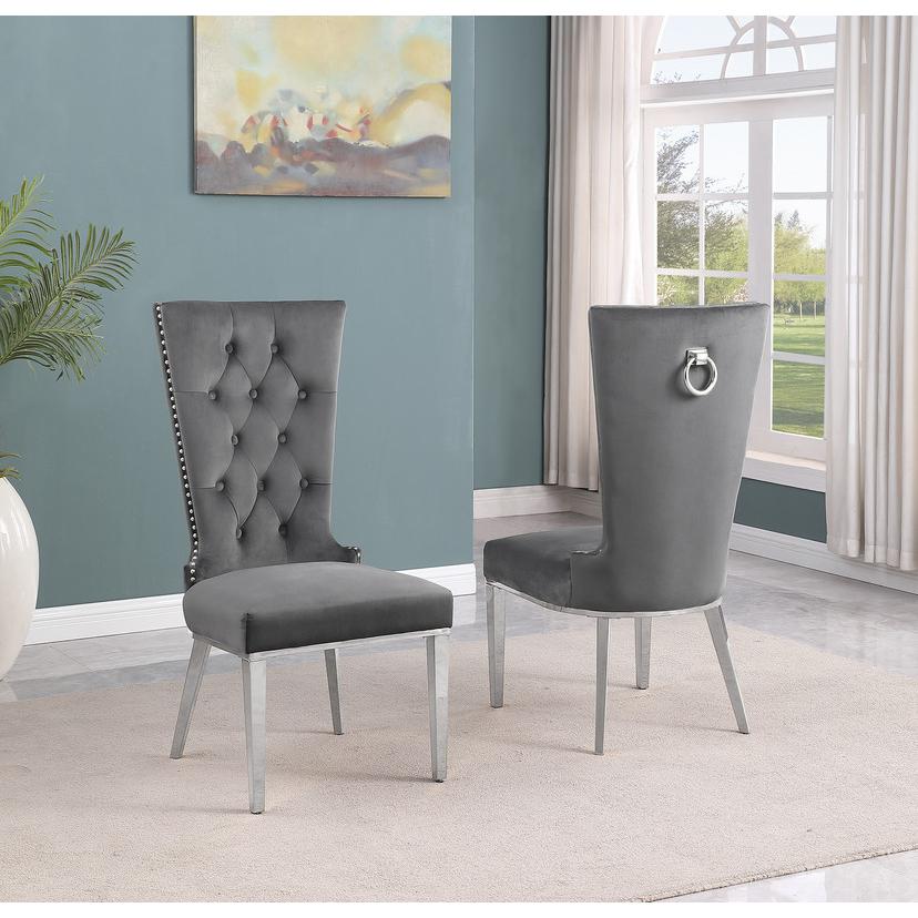 9pc Large(94″) glass top dining set with silver base and 8 Dark grey side chairs