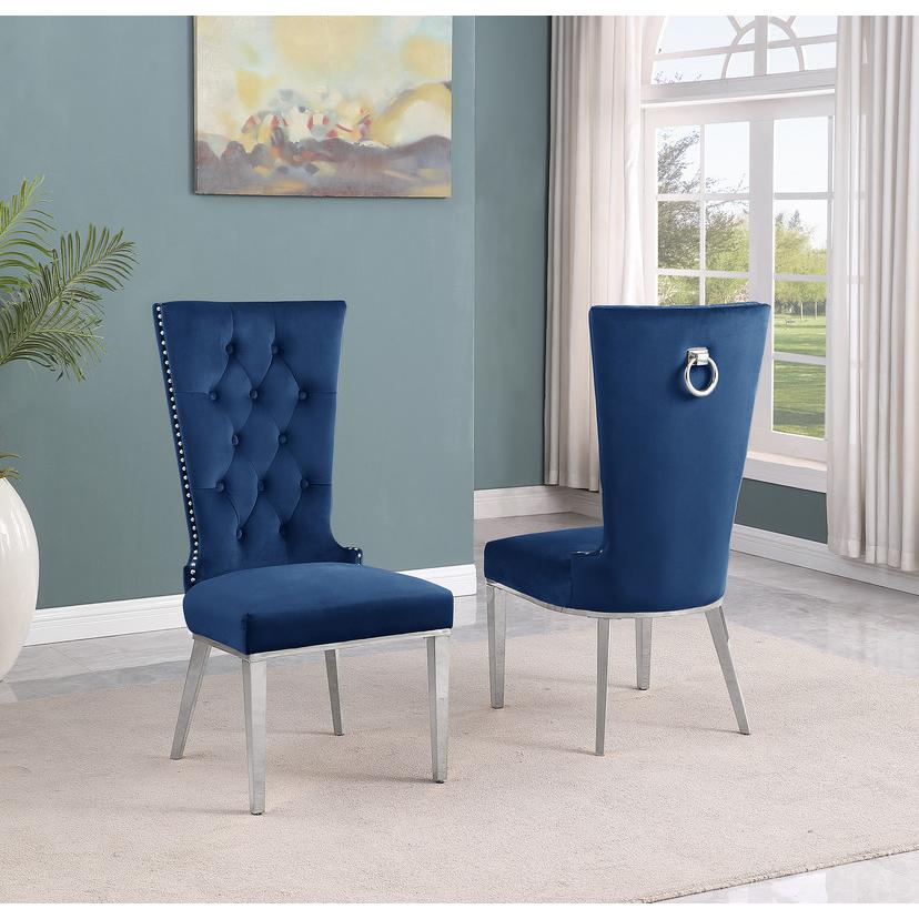 9pc Large(94″) glass top dining set with silver base and 8 Navy blue side chairs