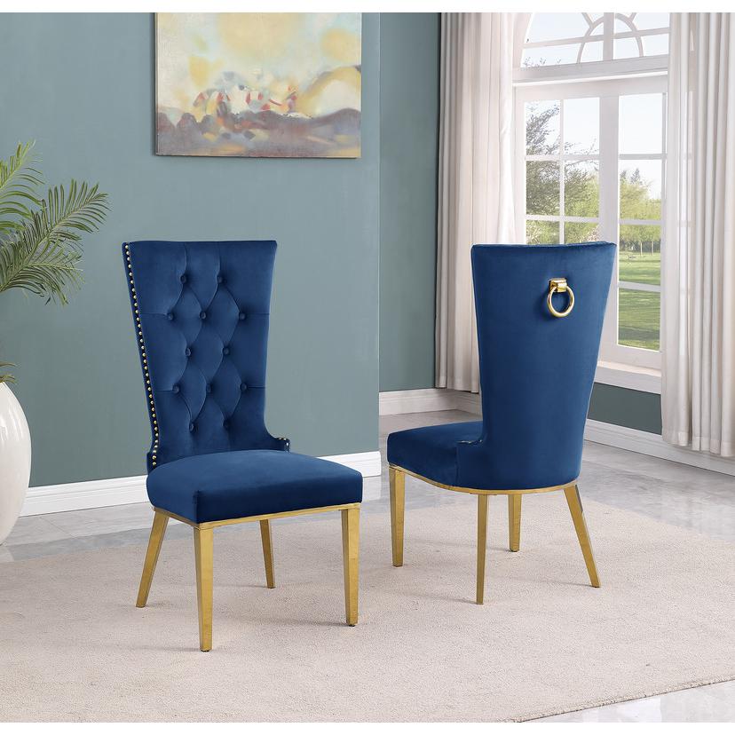 7pc Small(78″) glass dining set with gold base and 6 Navy blue side chairs
