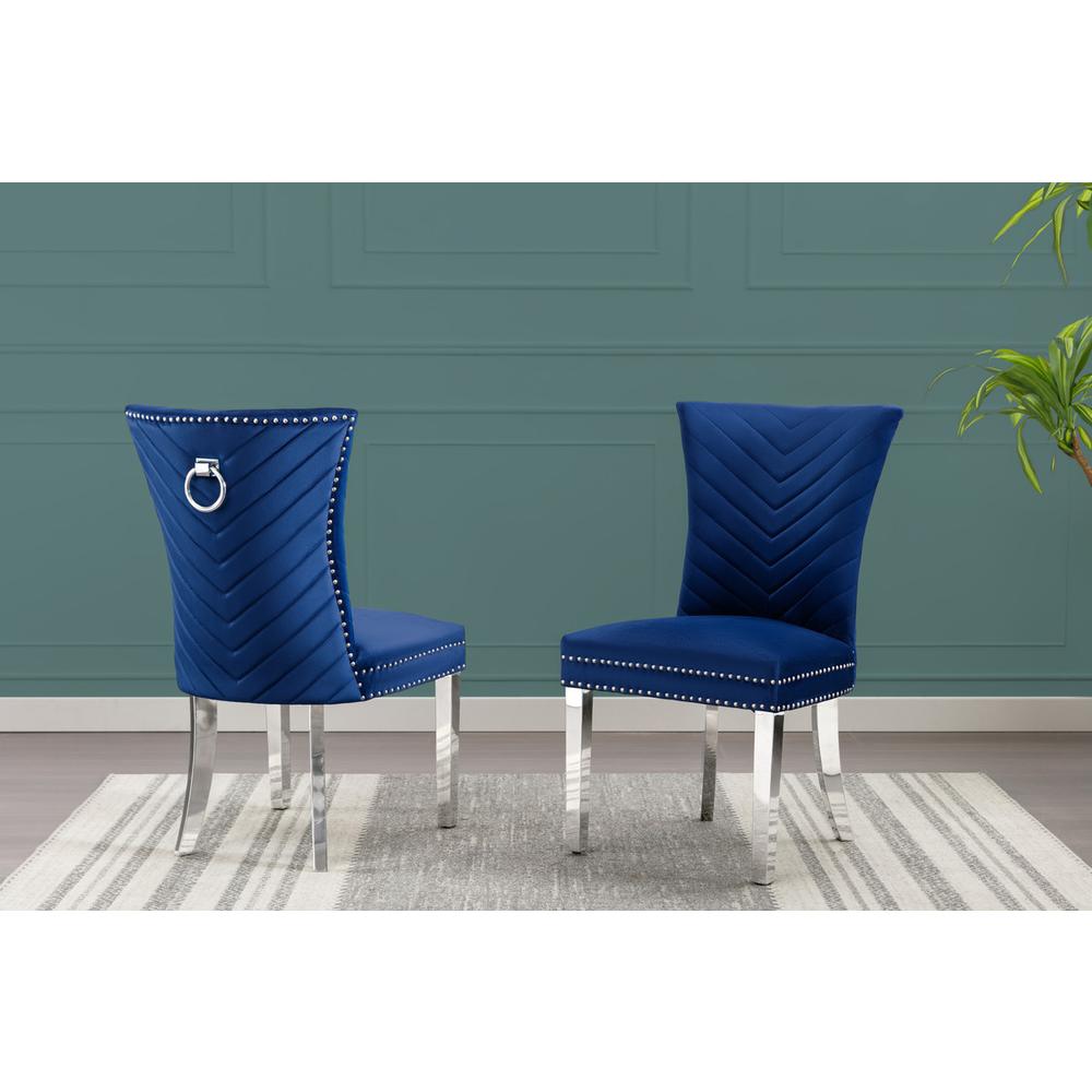 Navy blue velvet side chairs with silver base (SET OF 2)