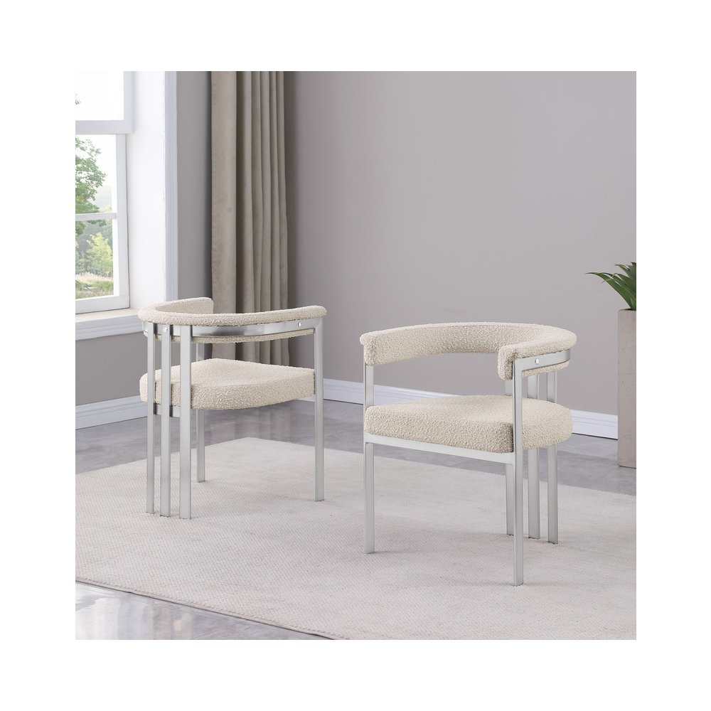 5Pc Round 48X48 Dining Set With 4 Cream Boucle Chairs