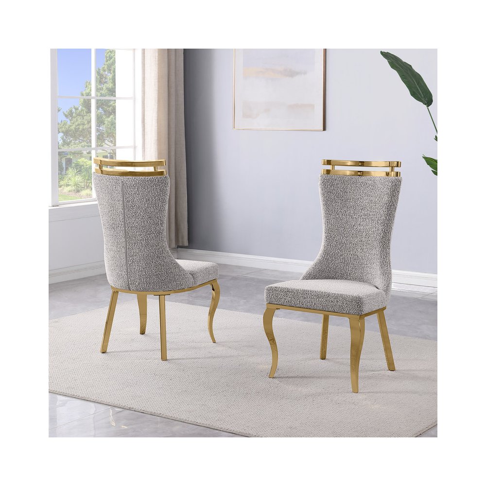 2pc Boucle Fabric Gold Chrome Side Chairs