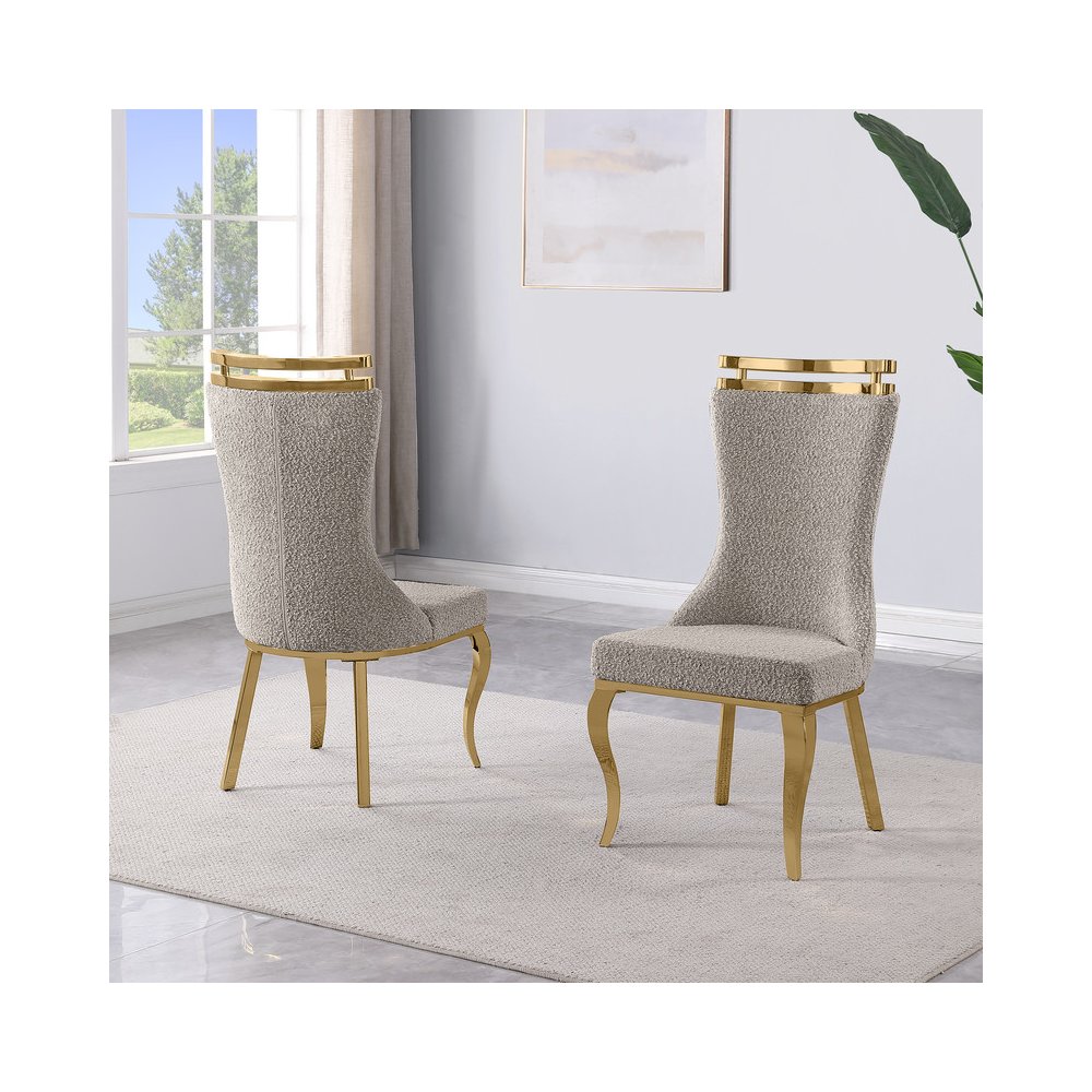 2pc Boucle Fabric Gold Chrome Side Chairs
