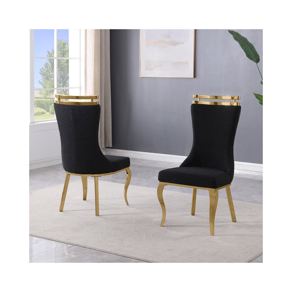 2pc Boucle Fabric Gold Chrome Side Chairs