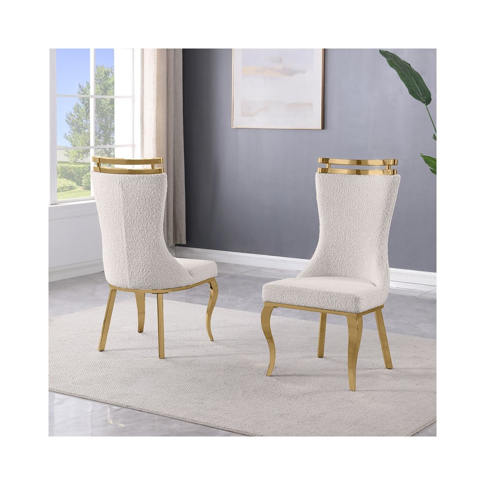 2pc Boucle Fabric Gold Chrome Side Chairs